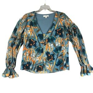 MILLY Floral Accordion Pleat Bell Sleeve Blouse – Retro Femme Statement – Size L